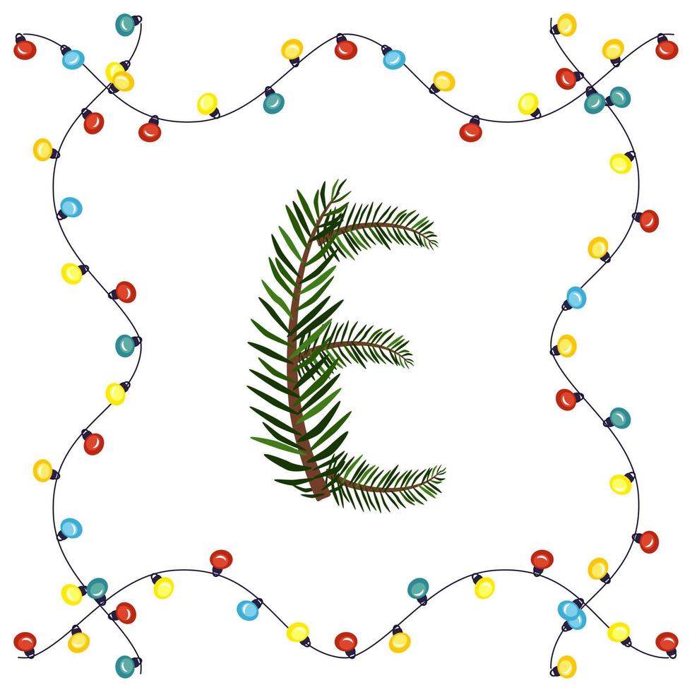 Letter E from green Christmas tree branches. Festive font and frame from garland, symbol of happy New Year and Christmas, sign from alphabet vector