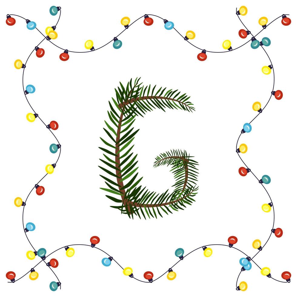 Letter G from green Christmas tree branches. Festive font and frame from garland, symbol of happy New Year and Christmas, sign from alphabet vector