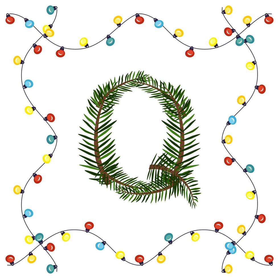 Letter Q from green Christmas tree branches. Festive font and frame from garland, symbol of happy New Year and Christmas, sign from alphabet vector