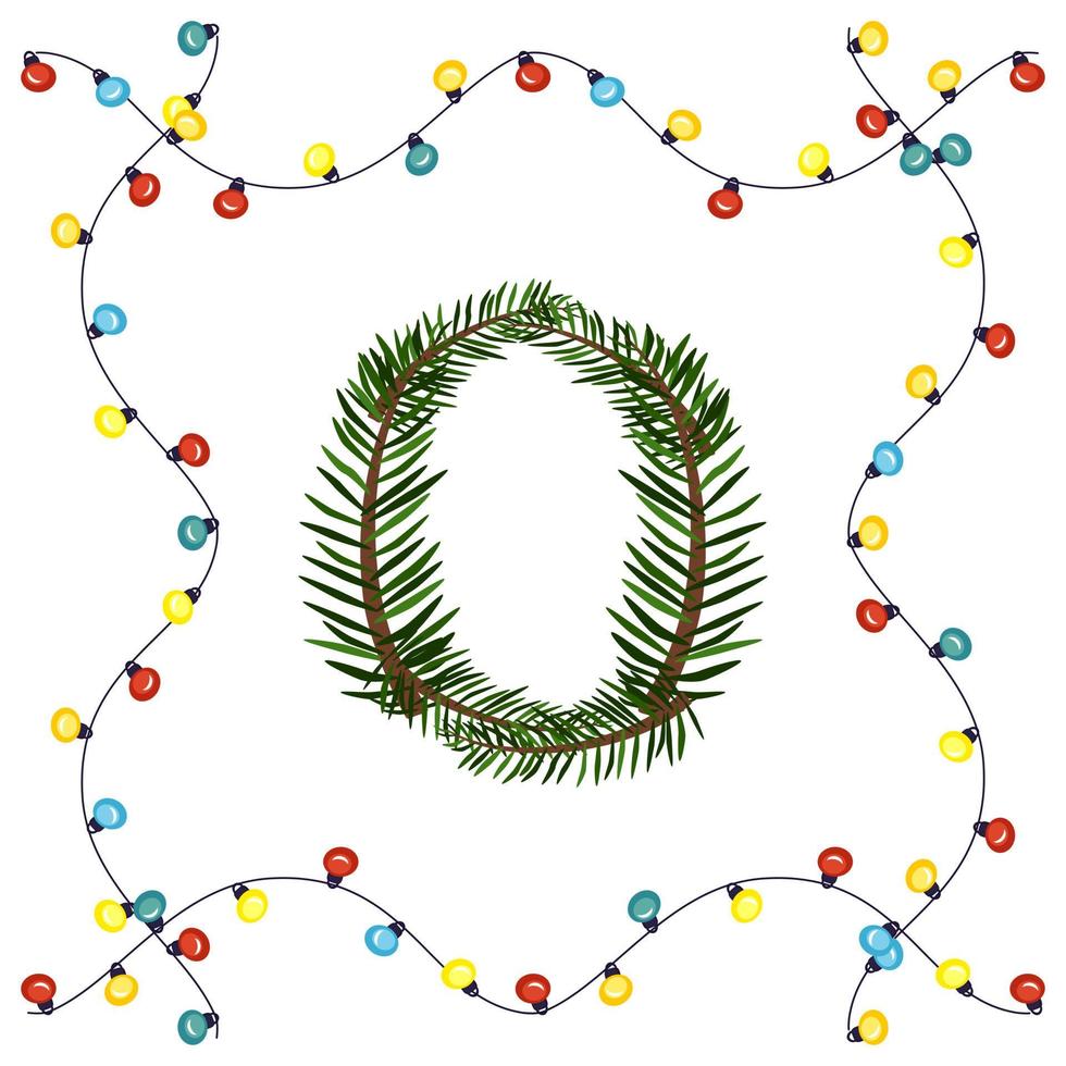 Letter O from green Christmas tree branches. Festive font and frame from garland, symbol of happy New Year and Christmas, sign from alphabet vector