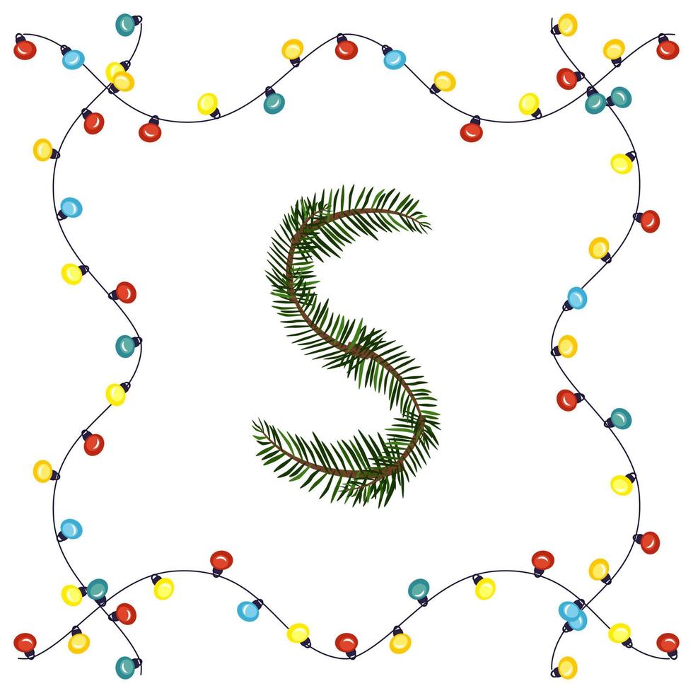 Letter S from green Christmas tree branches. Festive font and frame from garland, symbol of happy New Year and Christmas, sign from alphabet vector