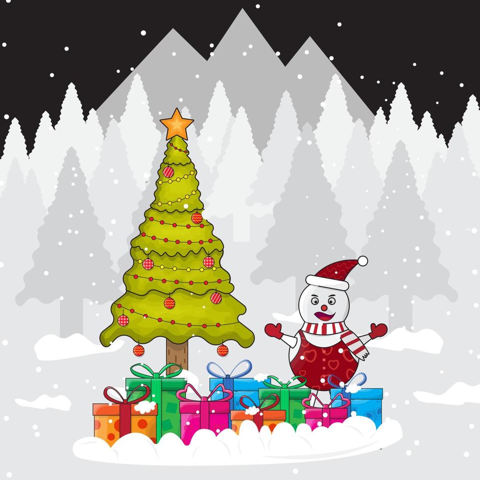 Christmas tree decorated vector illustration with gift boxes and snowman in night background