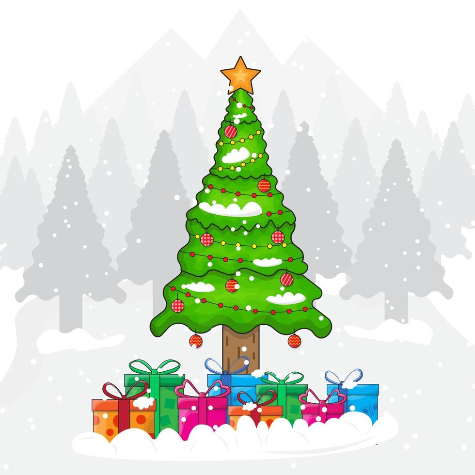 Christmas tree decorated vector illustration with gift boxes in colorful cartoon