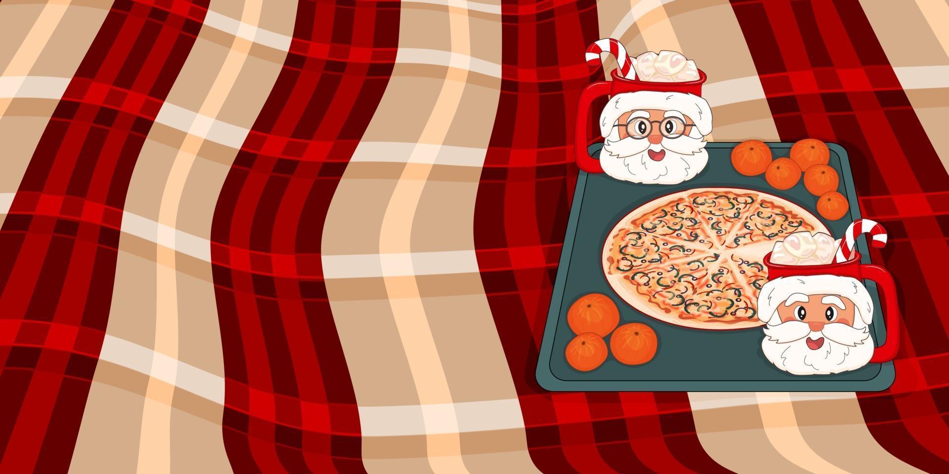 Pizza navideña con tazas de santa claus con cacao, malvaviscos, caramelos, mandarinas en una bandeja sobre cuadros rojos beige vector