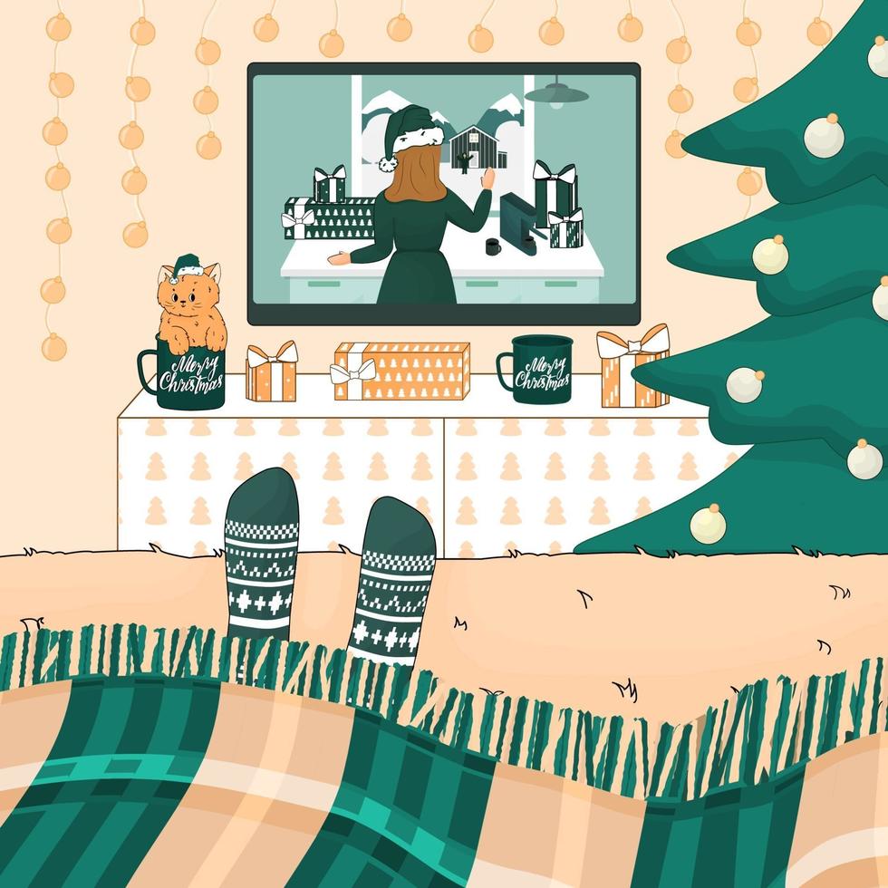 un ser humano está viendo películas de navidad y año nuevo en la cama con calcetines de punto, debajo de la tela escocesa. La habitación está decorada en colores verde, melocotón y blanco. árbol de navidad cerca de la mesa de tv vector