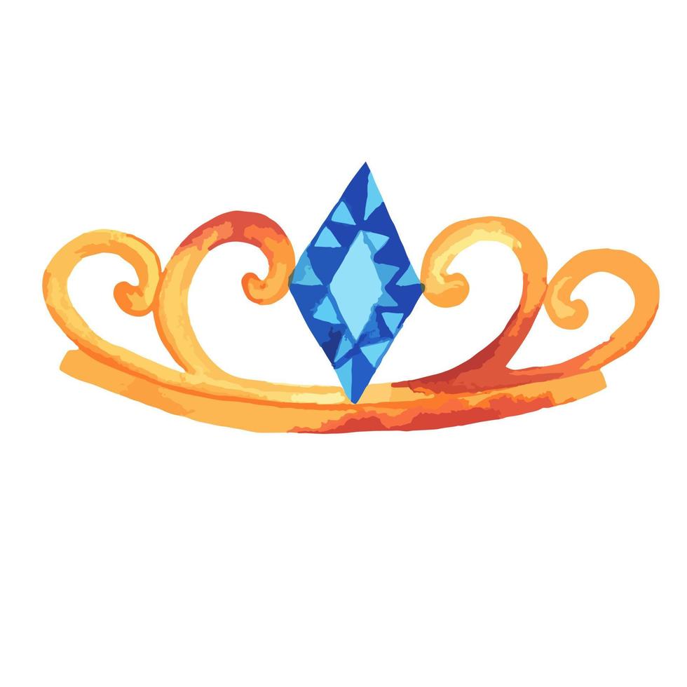 watercolor drawing of the golden crown of the monarchy,  dynasty with rust spots and blue stones, curlicues. Vector