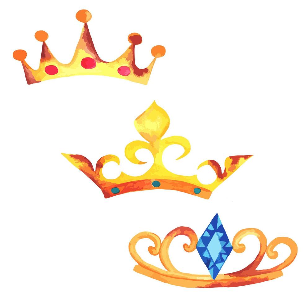 set of gold crown with rust. Watercolor of the crown of monarchy with blue ornaments and curlicues vector