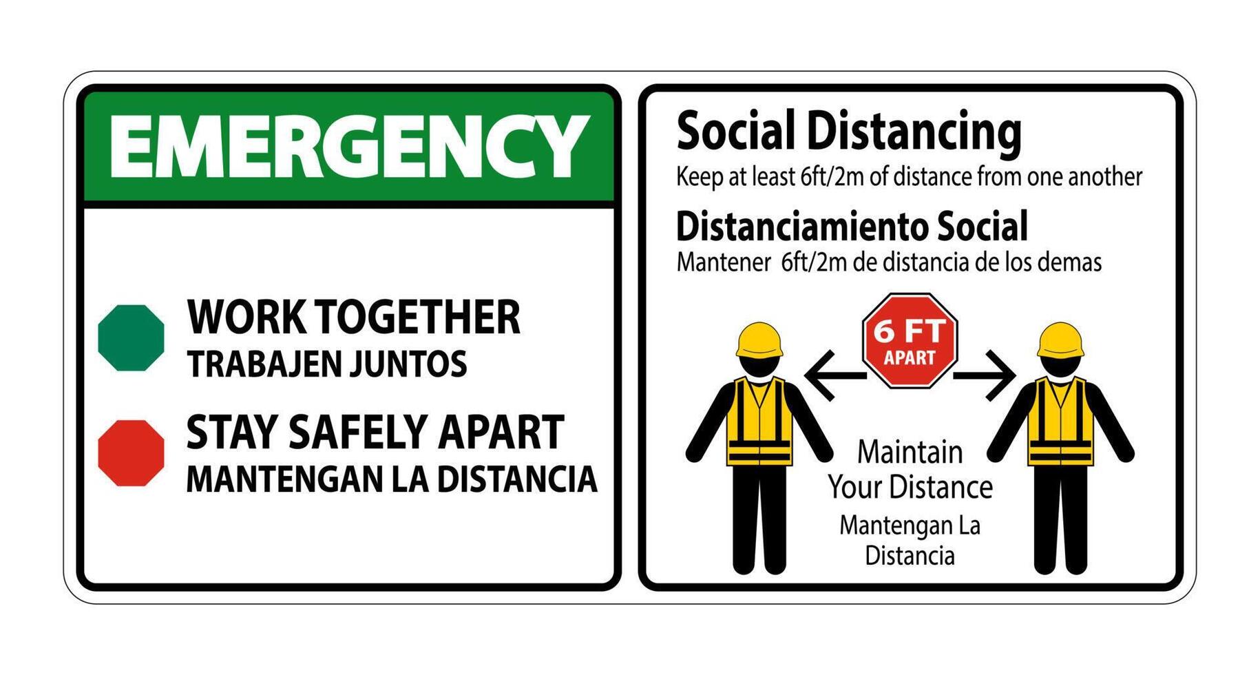 Emergency Bilingual Social Distancing Construction Sign Isolate On White Background,Vector Illustration EPS.10 vector