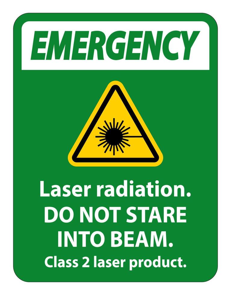 Radiación láser de emergencia, no mire fijamente al rayo, señal de producto láser de clase 2 sobre fondo blanco. vector