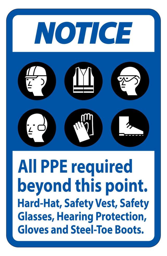 aviso ppe requerido más allá de este punto. casco, chaleco de seguridad, gafas de seguridad, protección auditiva vector