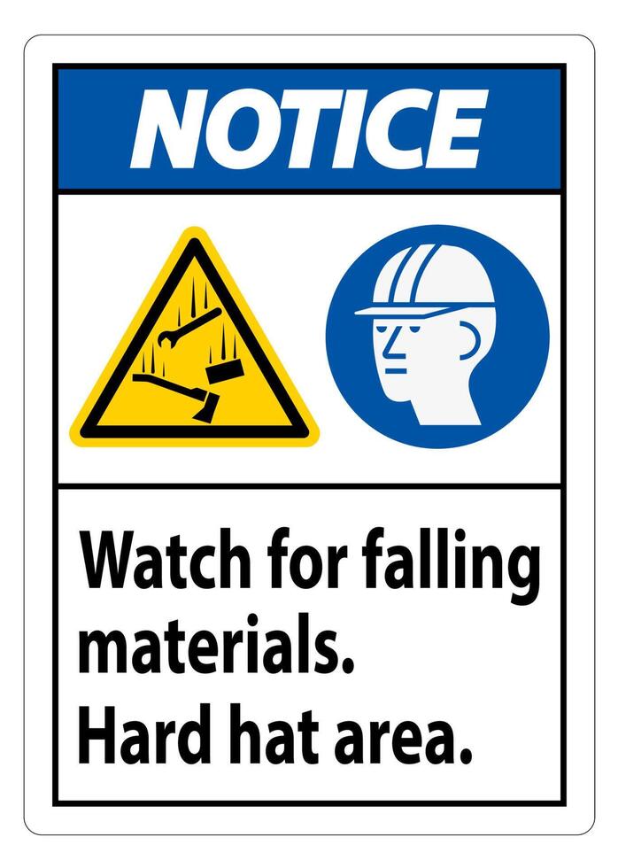Notice Sign Watch For Falling Materials, Hard Hat Area vector