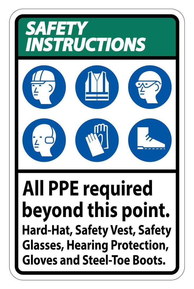 instrucciones de seguridad ppe requeridas más allá de este punto. casco, chaleco de seguridad, gafas de seguridad, protección auditiva vector