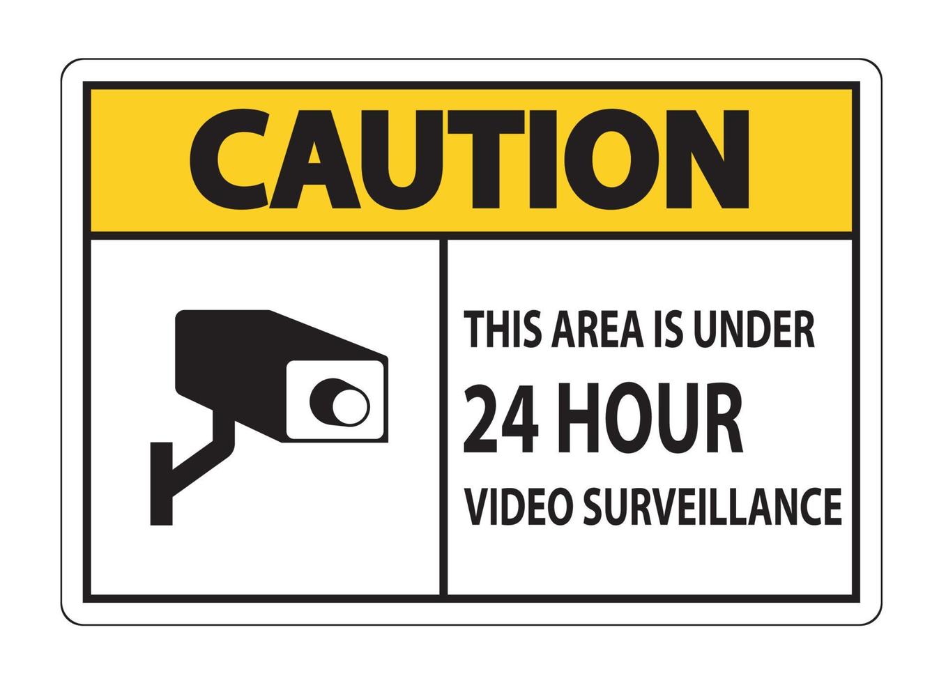 Precaución: esta área está bajo el signo de símbolo de vigilancia por video de 24 horas aislado sobre fondo blanco, ilustración vectorial vector