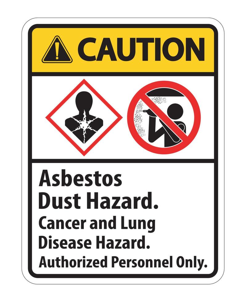 precaución etiqueta de seguridad, peligro de polvo de asbesto, cáncer y peligro de enfermedad pulmonar solo personal autorizado vector
