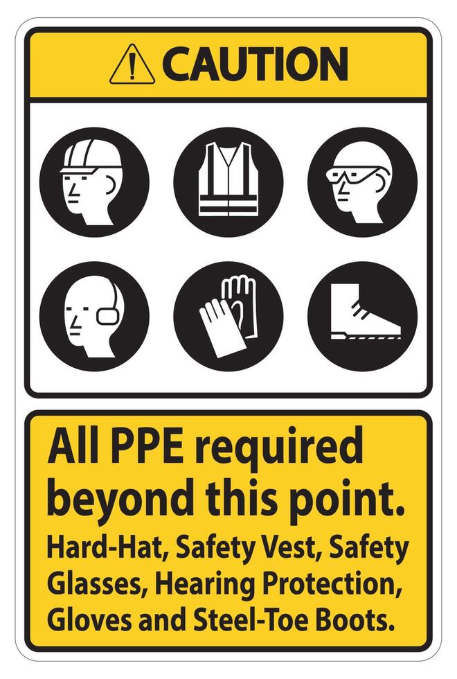 Caution PPE Required Beyond This Point. Hard Hat, Safety Vest, Safety Glasses, Hearing Protection vector