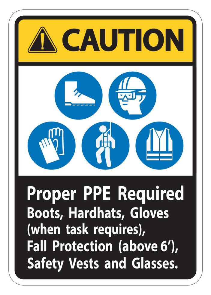 Caution Sign Proper PPE Required Boots, Hardhats, Gloves When Task Requires Fall Protection With PPE Symbols vector