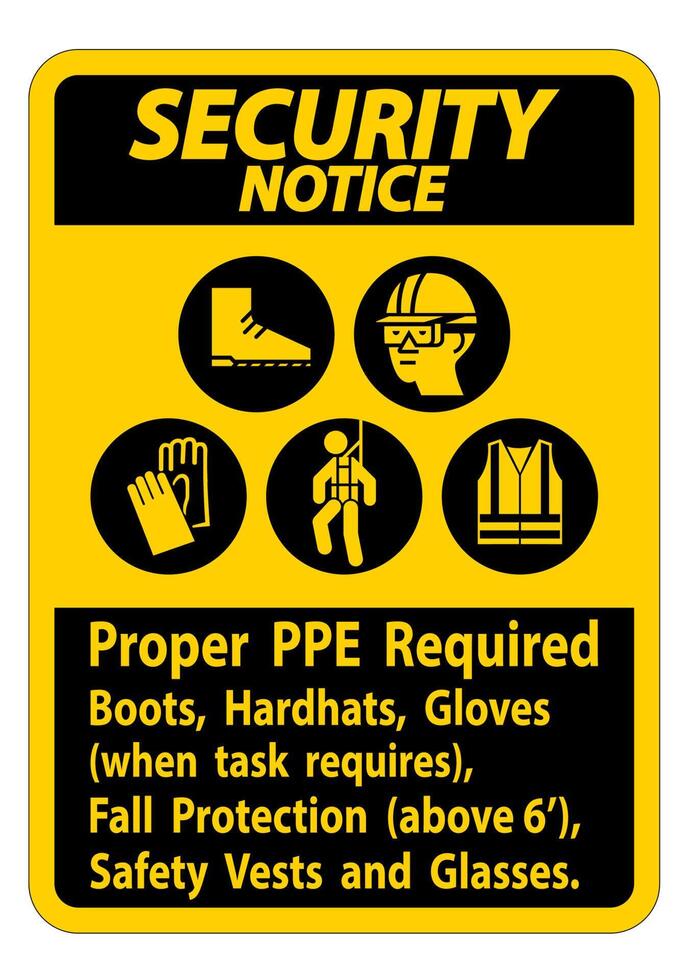 Security Notice Sign Proper PPE Required Boots, Hardhats, Gloves When Task Requires Fall Protection With PPE Symbols vector