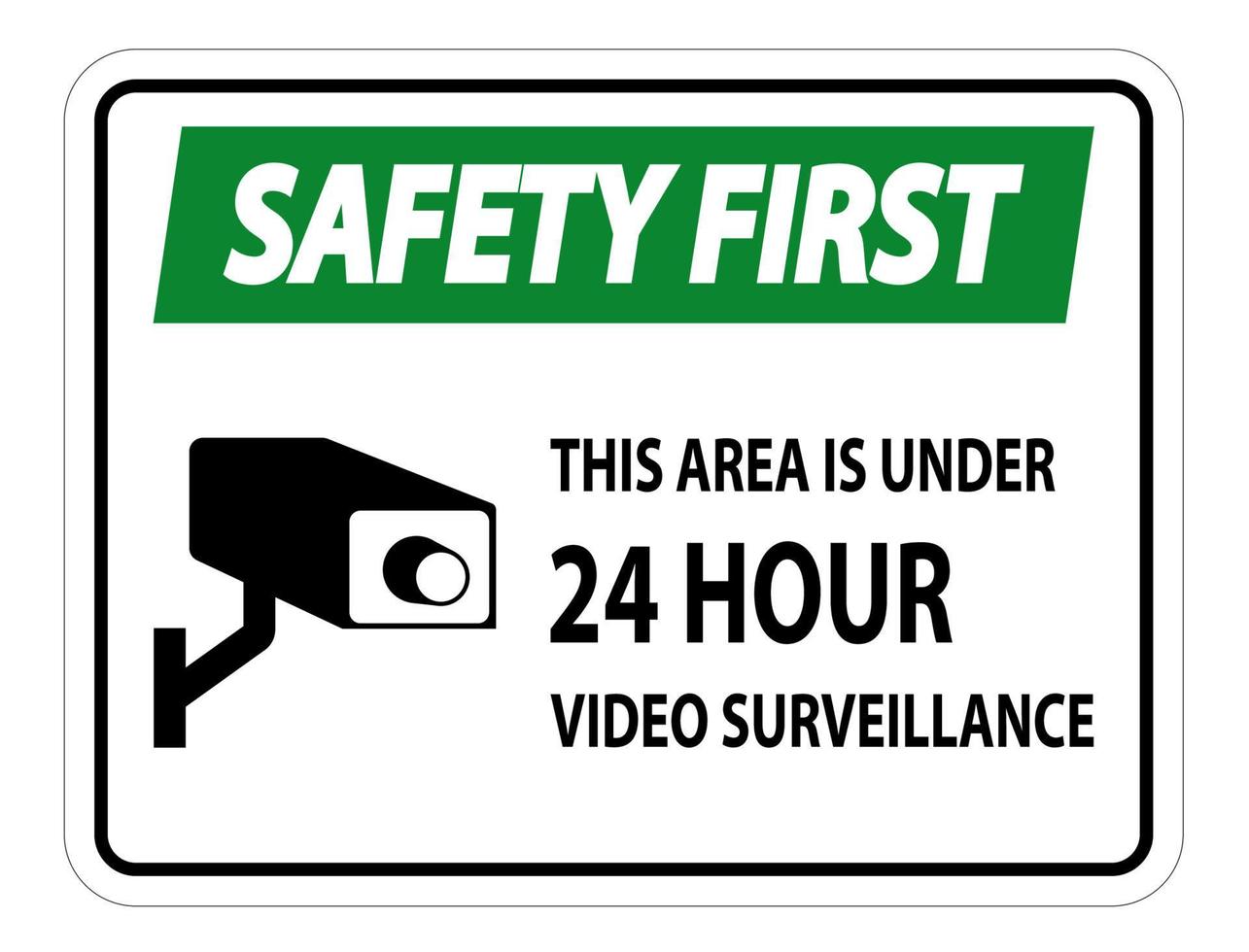 La seguridad es lo primero, esta área tiene menos de 24 horas, símbolo de vigilancia por video, signo aislado sobre fondo blanco, ilustración vectorial vector