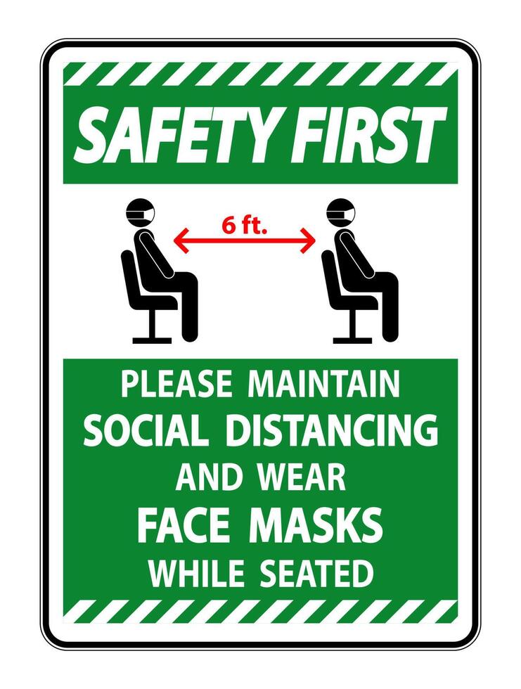 Safety First Maintain Social Distancing Wear Face Masks Sign on white background vector