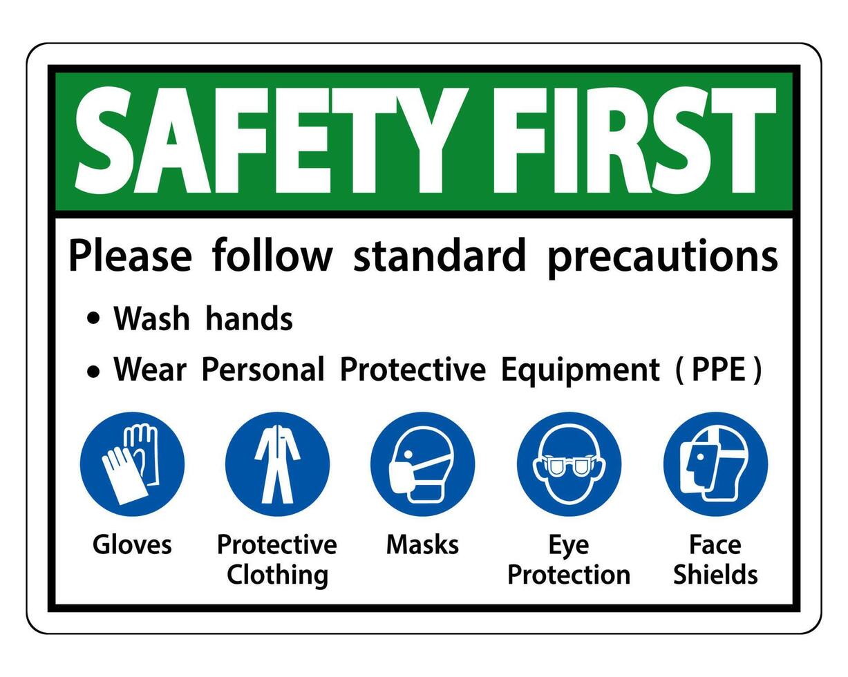 Safety First Please follow standard precautions ,Wash hands,Wear Personal Protective Equipment PPE,Gloves Protective Clothing Masks Eye Protection Face Shield vector