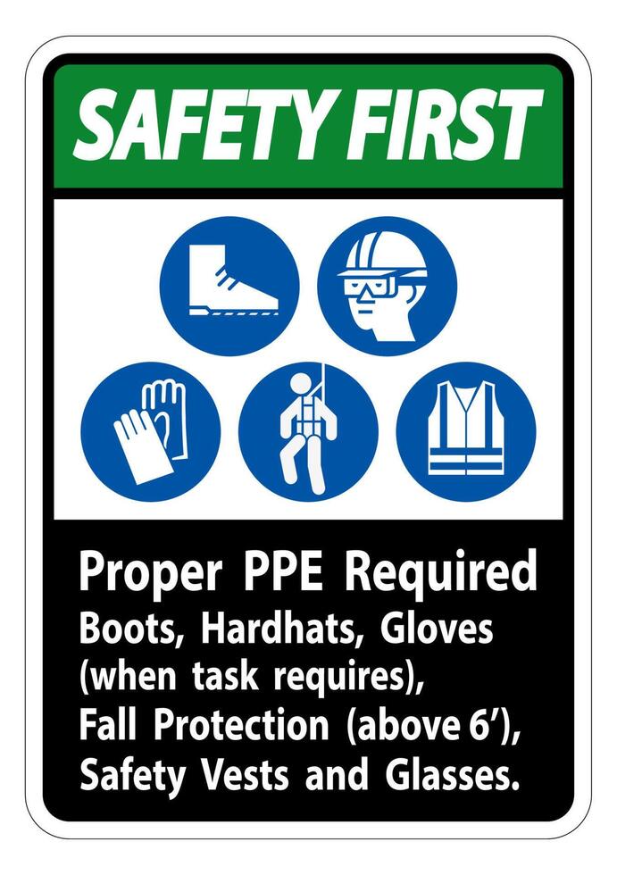 Safety First Sign Proper PPE Required Boots, Hardhats, Gloves When Task Requires Fall Protection With PPE Symbols vector