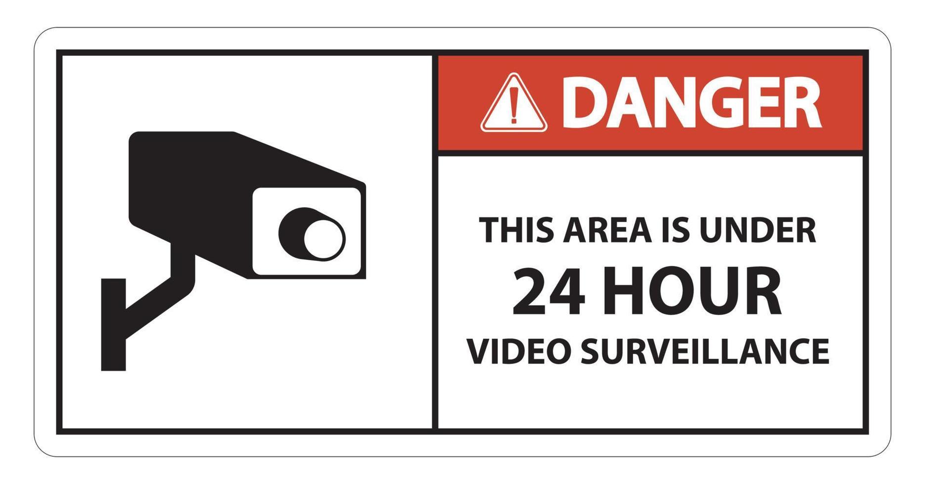 peligro, esta área está bajo el signo de símbolo de videovigilancia de 24 horas aislado sobre fondo blanco, ilustración vectorial vector