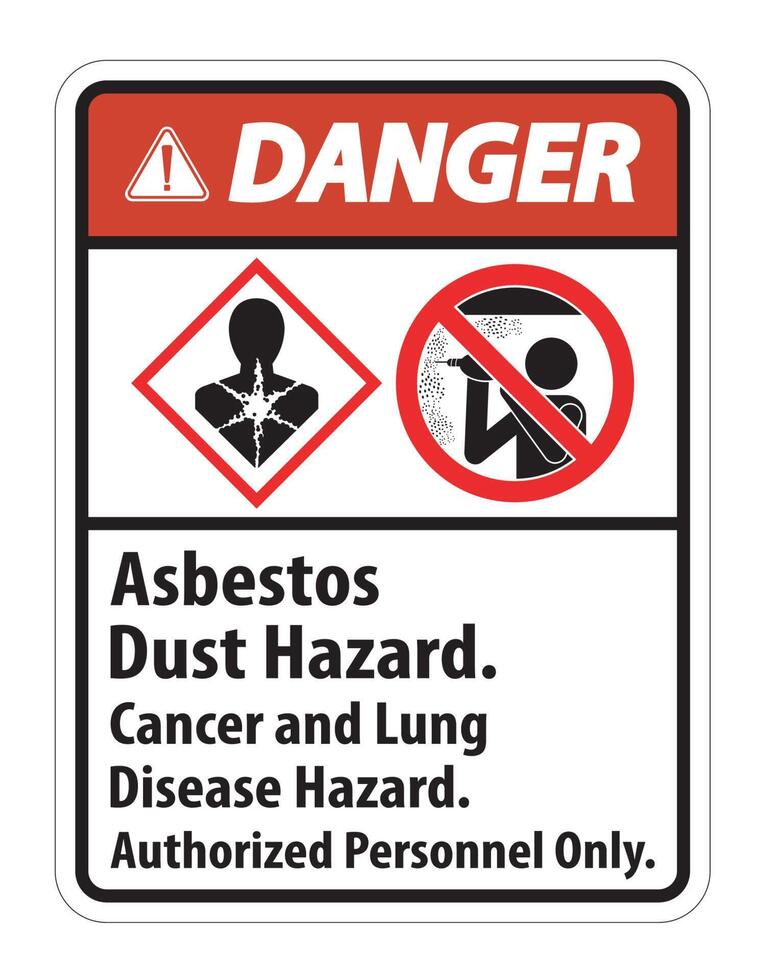 etiqueta de seguridad de peligro, peligro de polvo de amianto, peligro de cáncer y enfermedad pulmonar solo personal autorizado vector