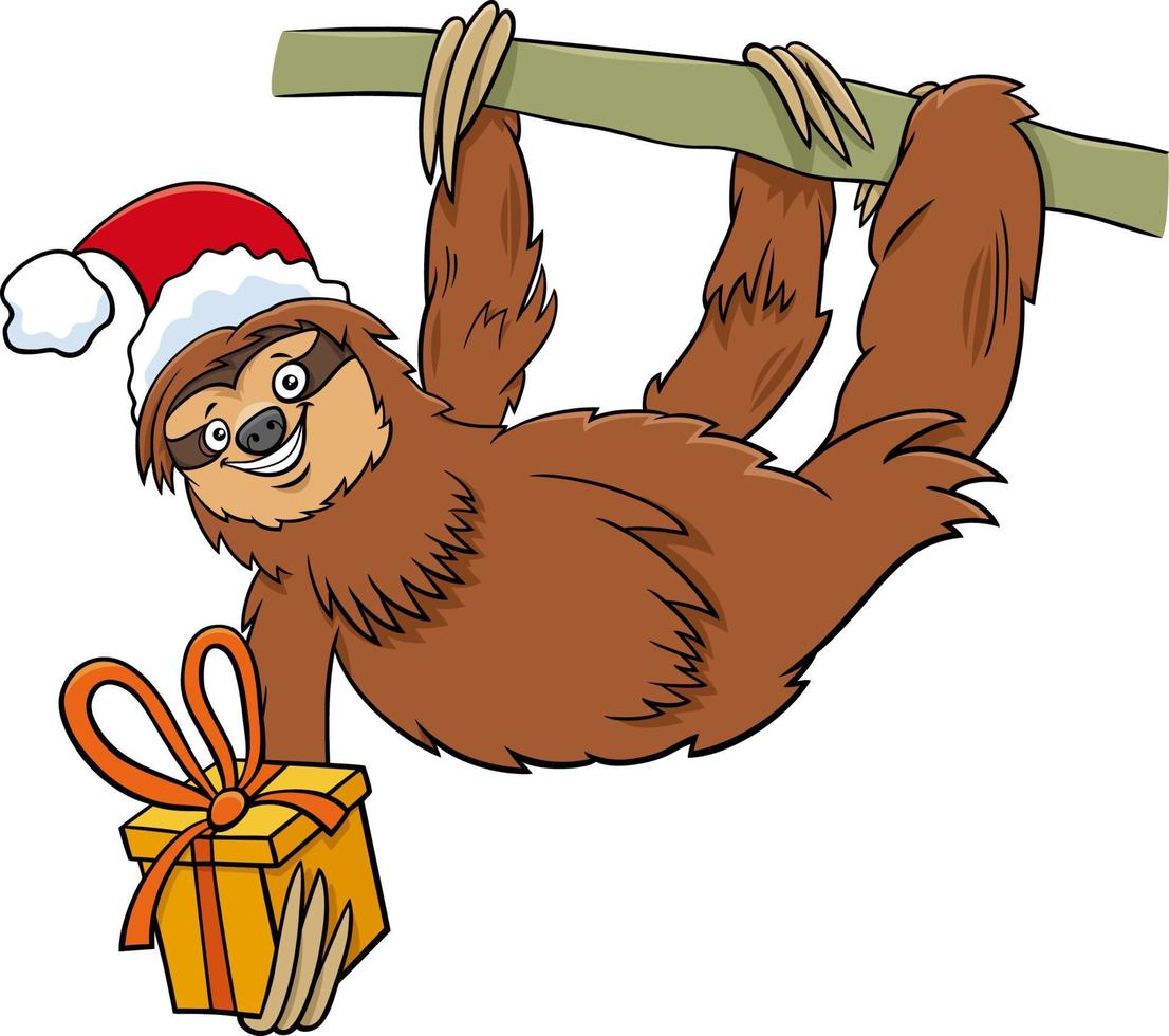 cartoon sloth animal character with gift on Christmas time vector