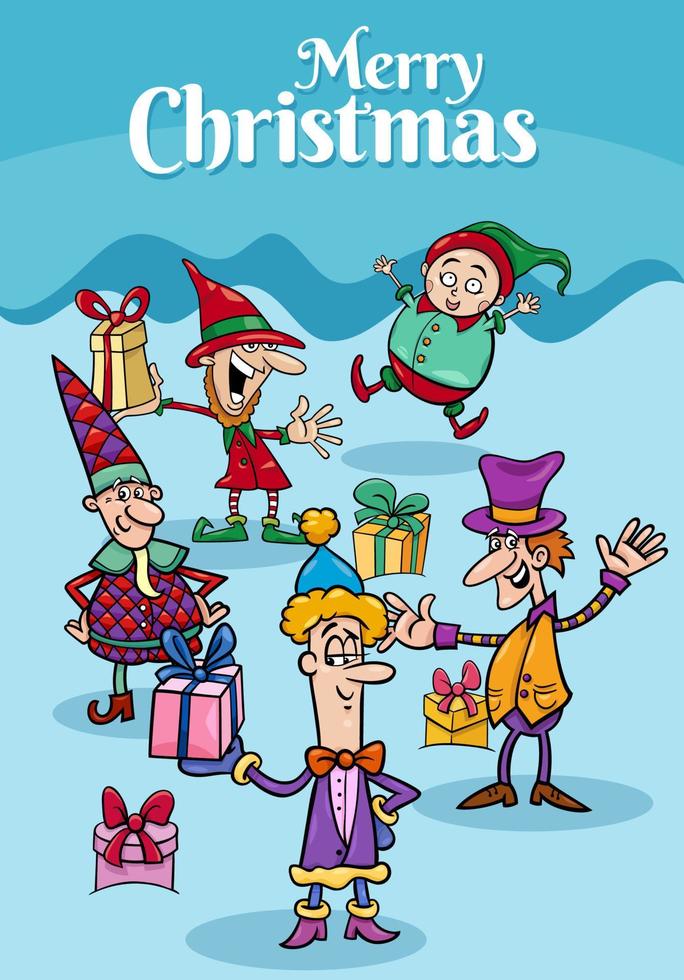 Diseño o tarjeta con duendes de dibujos animados en Navidad. vector