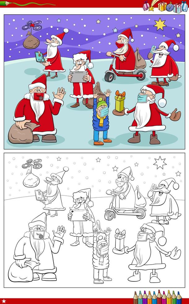 Santa Claus group on Christmas time coloring book page vector