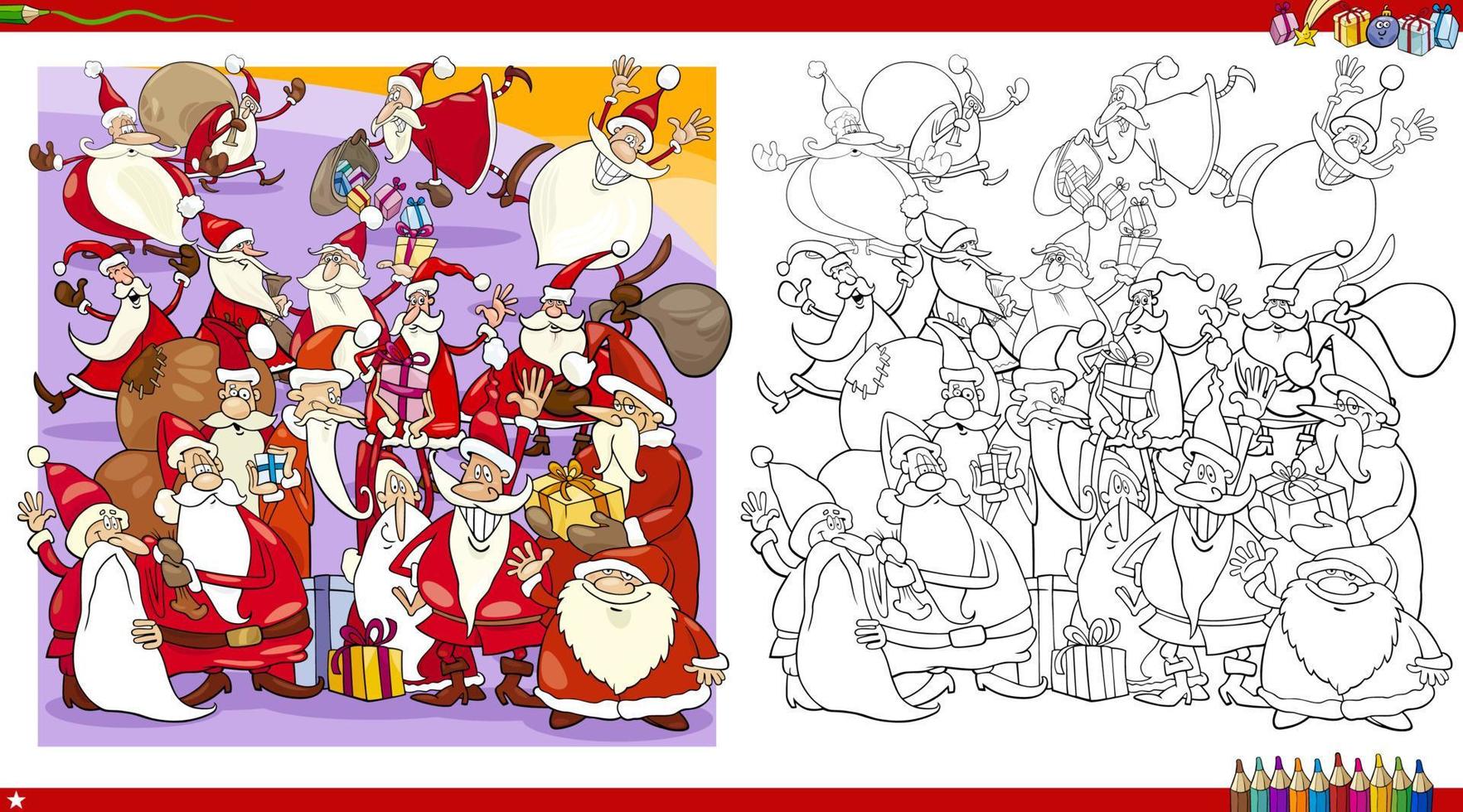 Santa Claus big group on Christmas time coloring book page vector