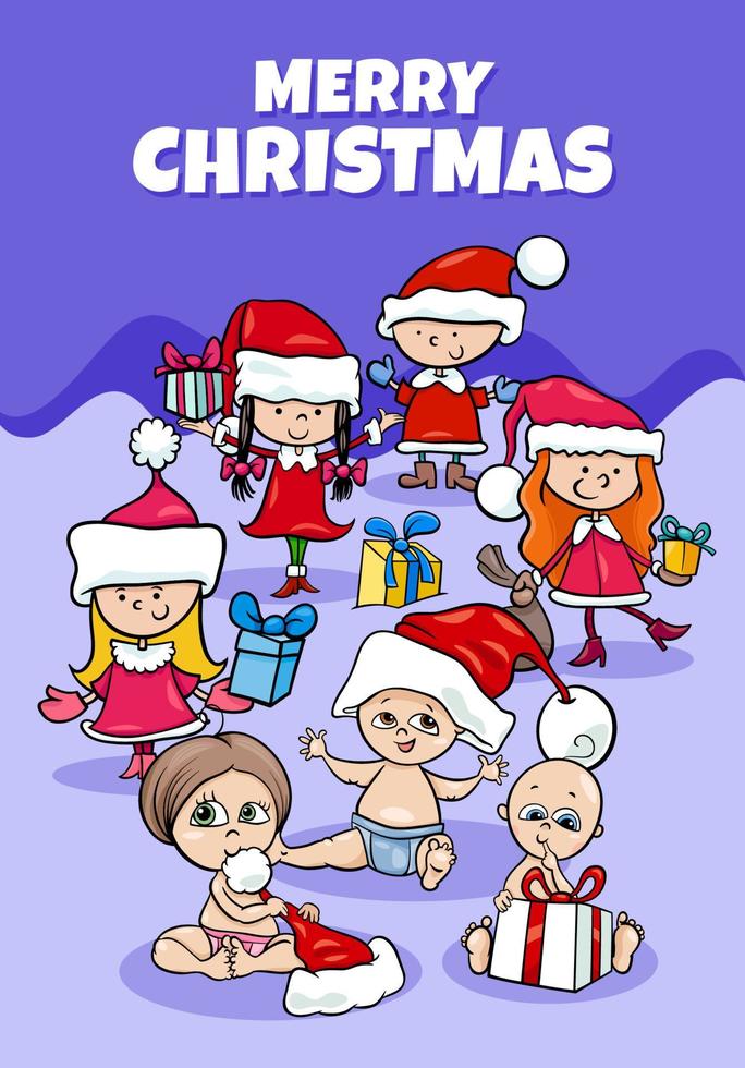 Diseño o tarjeta con niños de dibujos animados en Navidad. vector