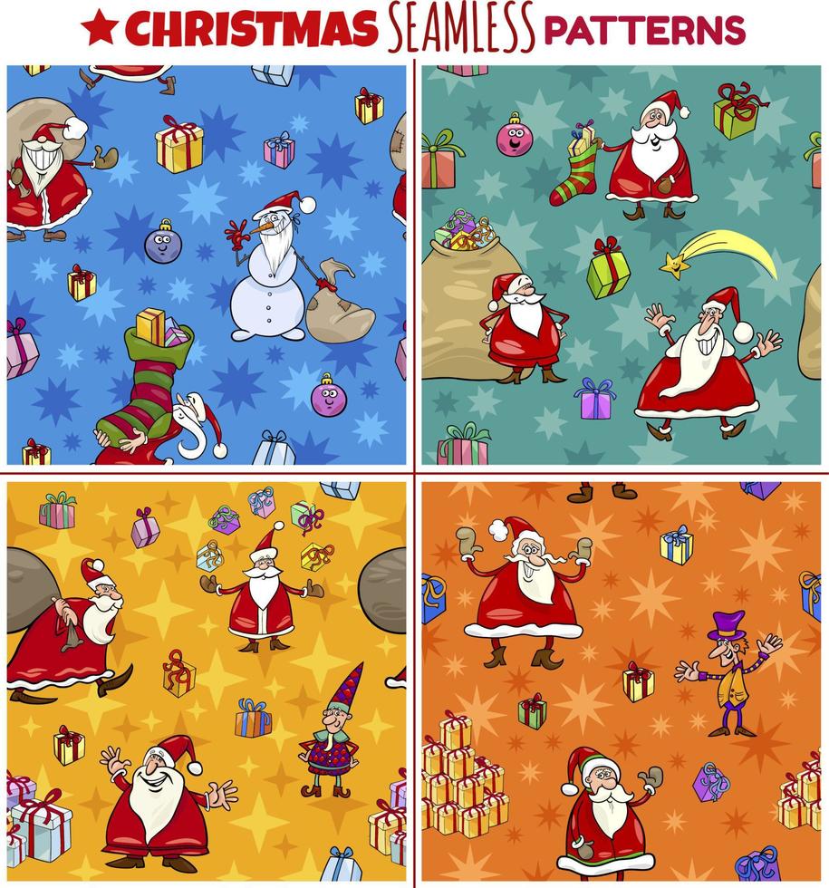 seamless patterns set with cartoon Christmas characters vector