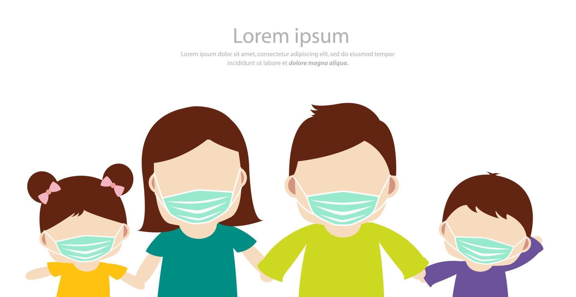 Family wearing with protective mask, prevention spread coronavirus covid 19. vector illustration