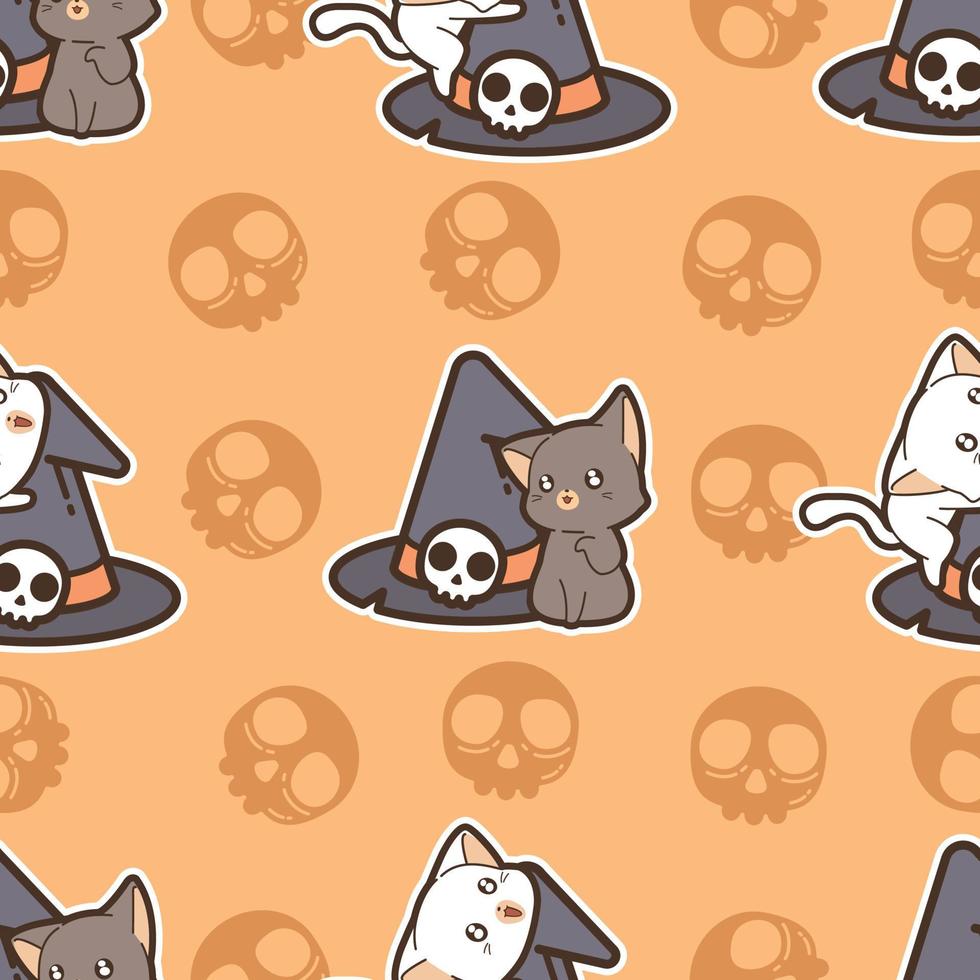 gatos de patrones sin fisuras y sombrero de bruja en el día de halloween vector