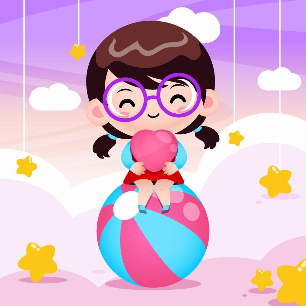 linda chica feliz con corazón en la nube vector