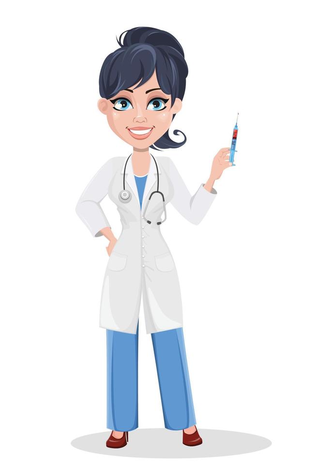 hermoso personaje de dibujos animados médico sosteniendo una jeringa vector