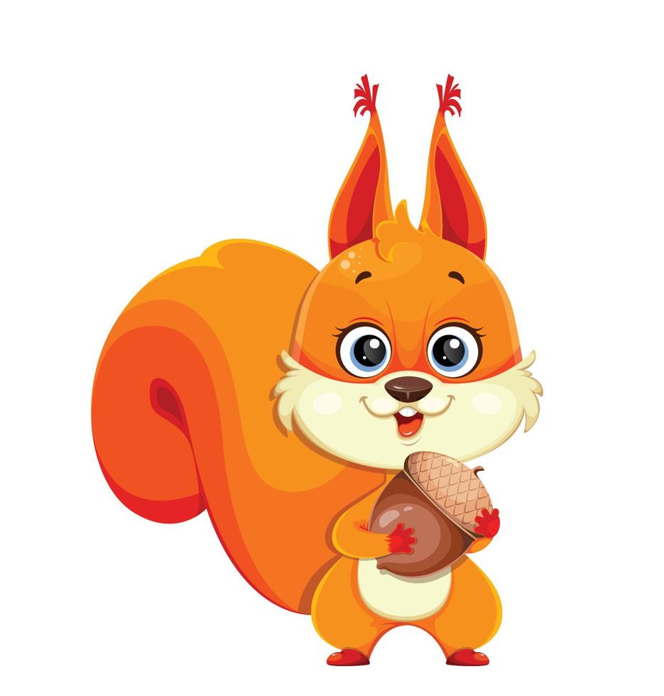 Cute fluffy squirrel holding acorn vector