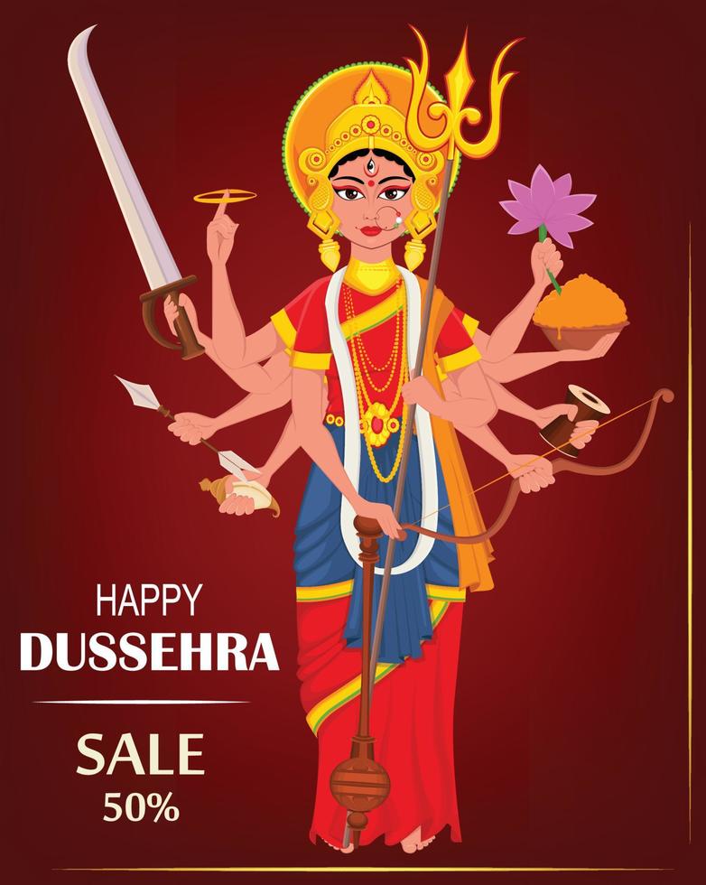 Ilustración de vector de feliz dussehra para la venta, compras. maa durga sobre fondo rojo oscuro