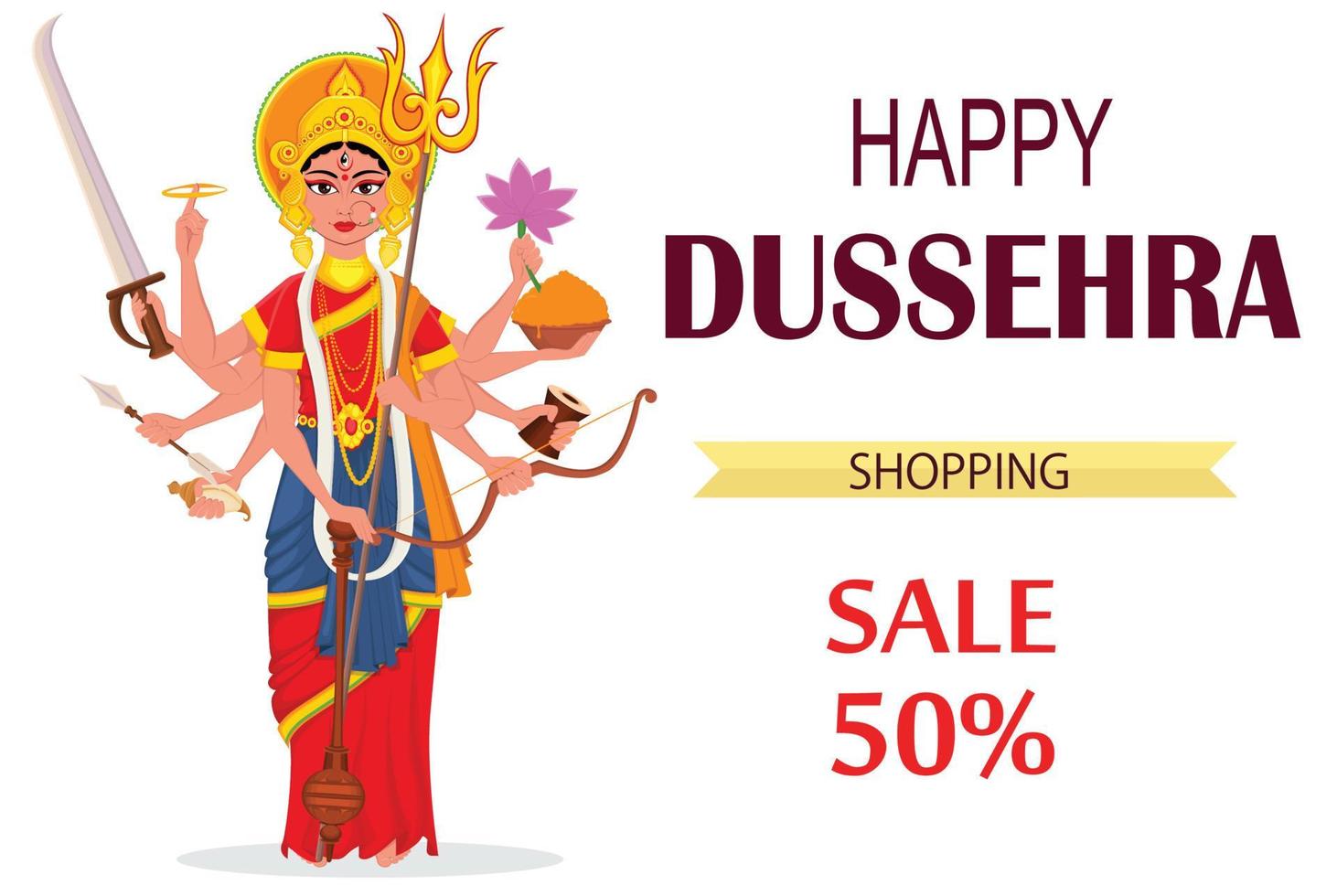 Ilustración de vector de feliz dussehra para la venta, compras. maa durga sobre fondo blanco