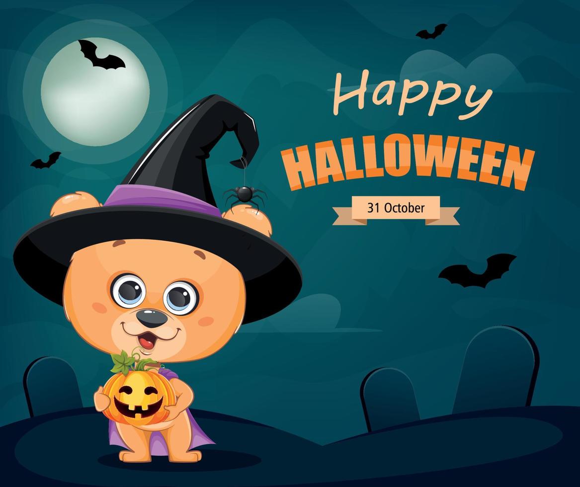 Happy Halloween. Cute little bear in witch hat vector