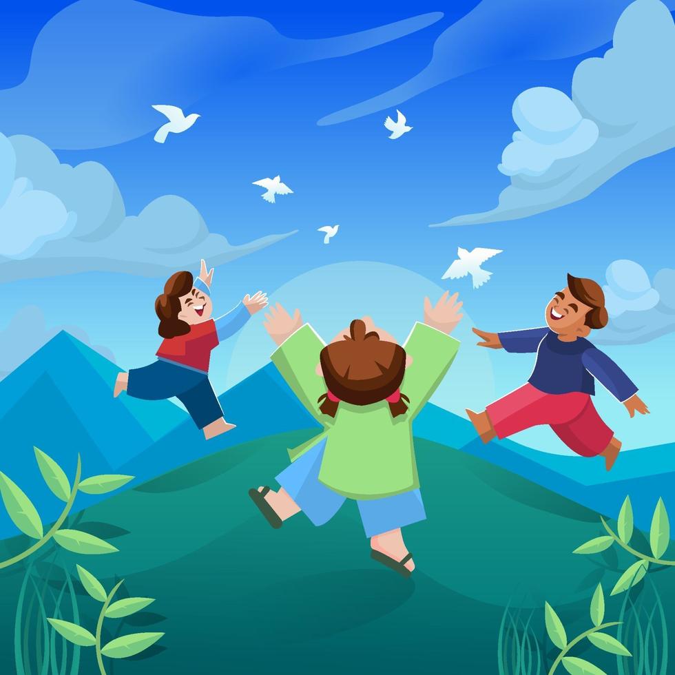 Group of Kids Playing Together with Birds vector