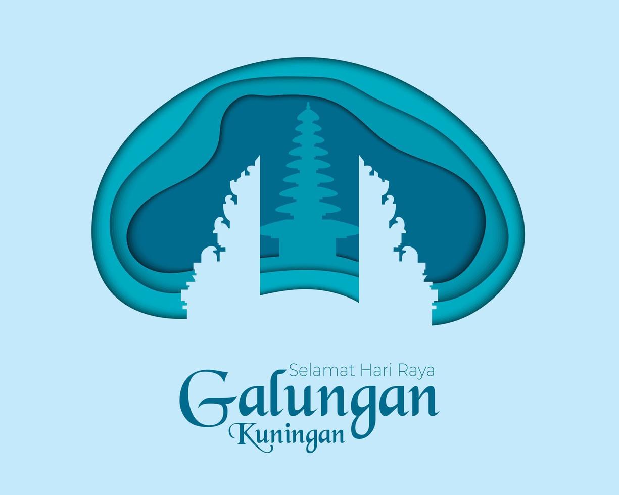 feliz galungan kuningan con templo en estilo papel vector