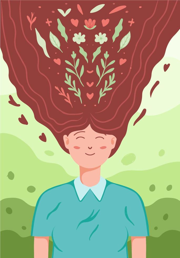 Dibujado a mano ilustración del día mundial de la salud mental con una mujer feliz, relajarse, disfrutar y con adornos florales vector