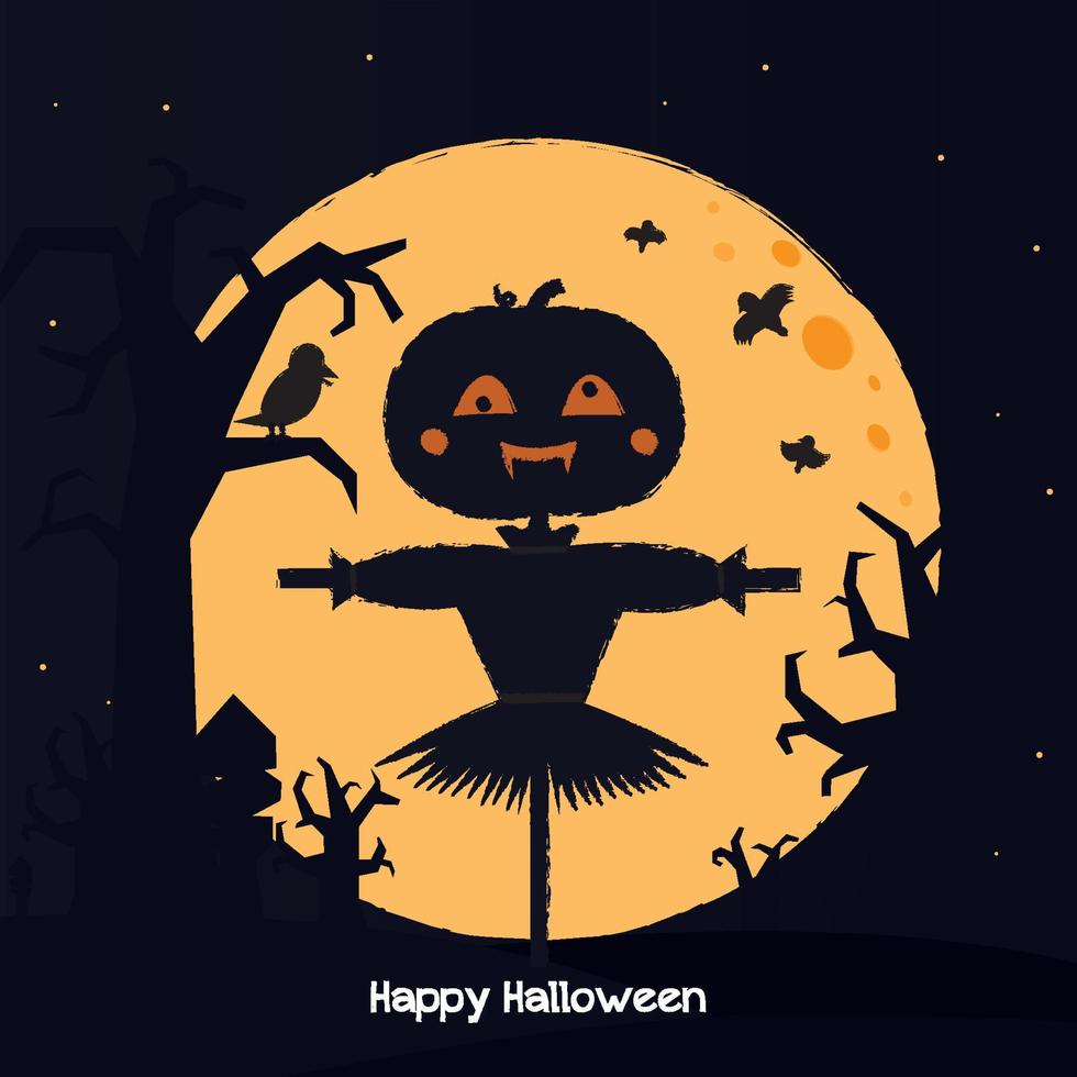 Halloween pumpkin scarecrow on a wide field with the moon on a scary night vector