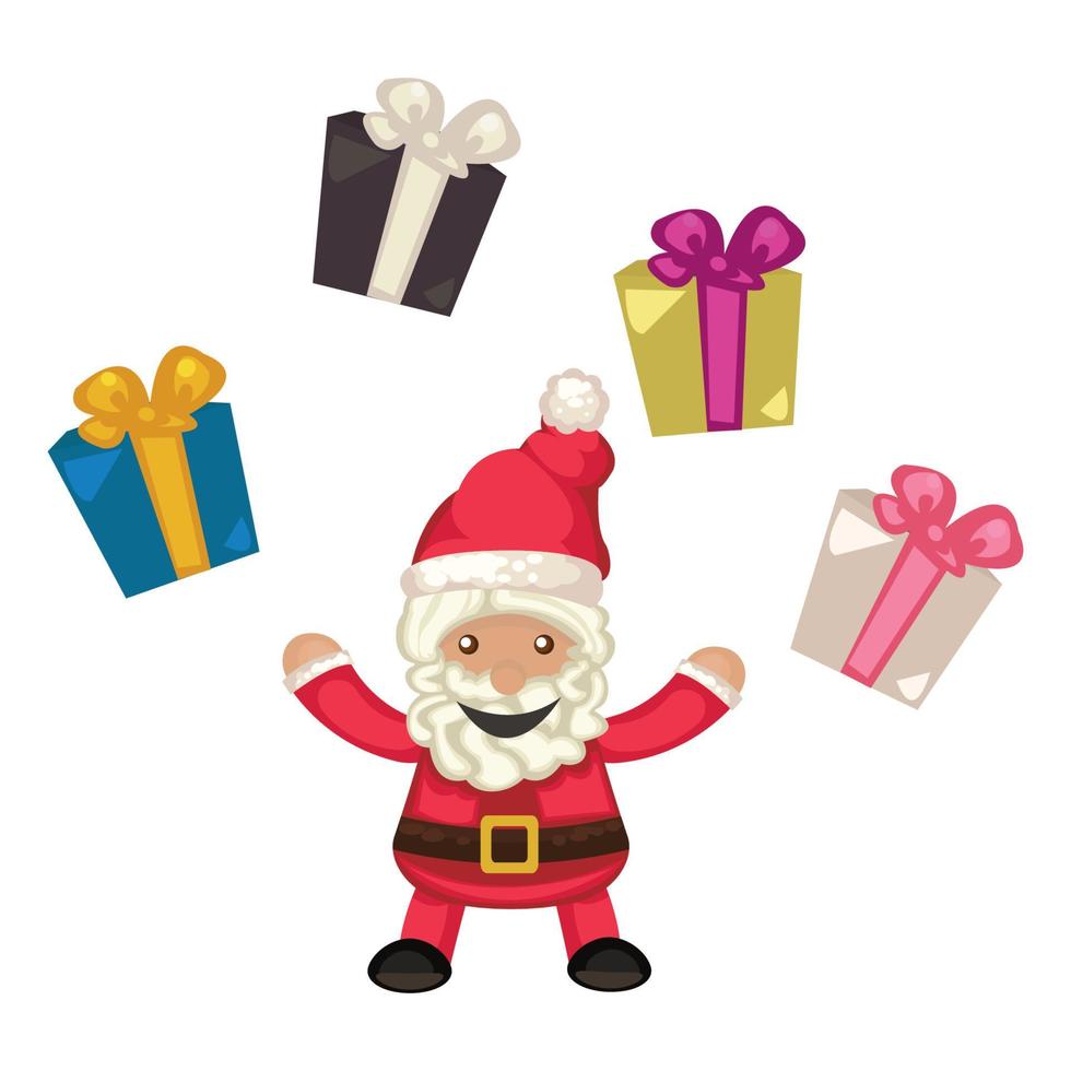 santa claus sosteniendo un regalo. colección de diversas cajas presentes alrededor. tarjeta de felicitación para año nuevo y navidad, celebración, evento. lindo diseño de personajes. ilustración vectorial. vector