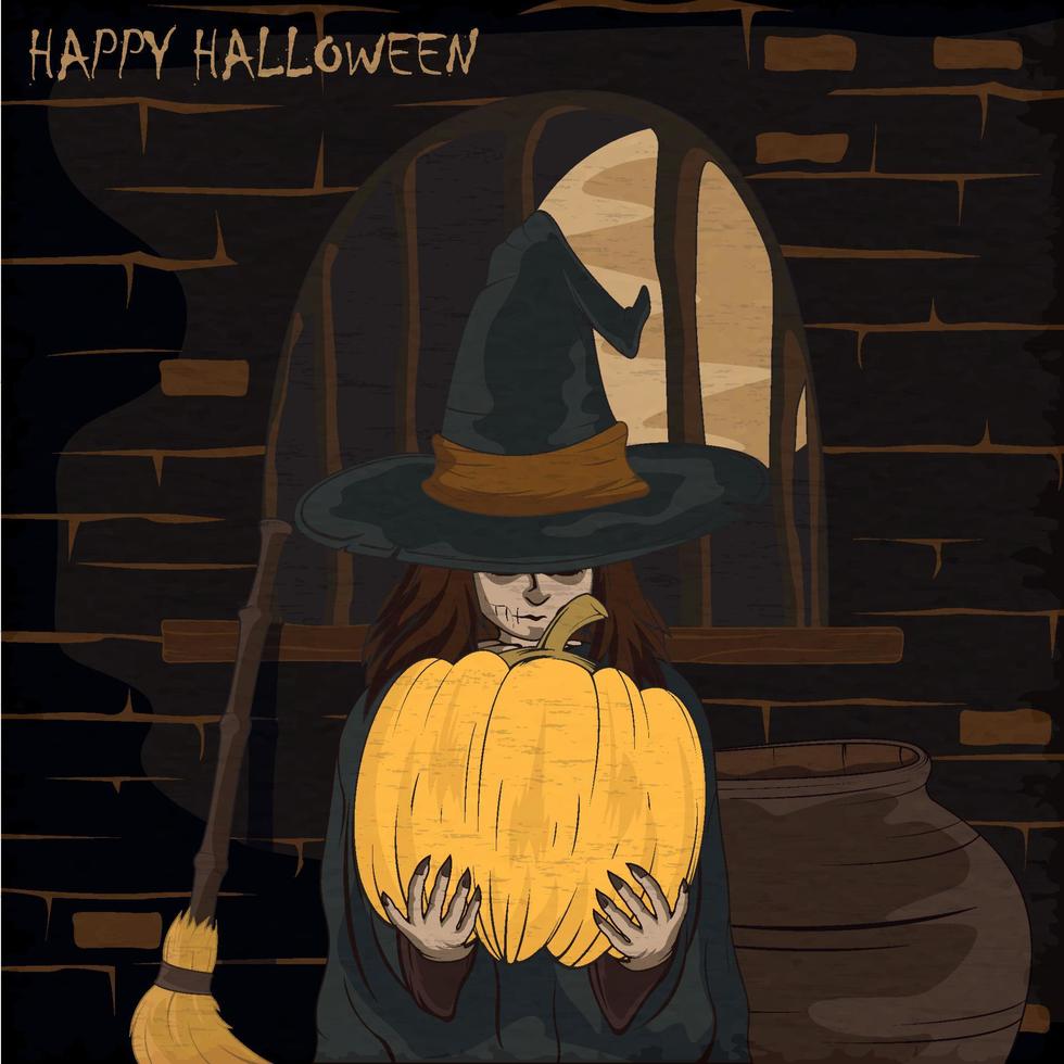 niña con sombrero negro disfraz de bruja sosteniendo calabaza de halloween vector