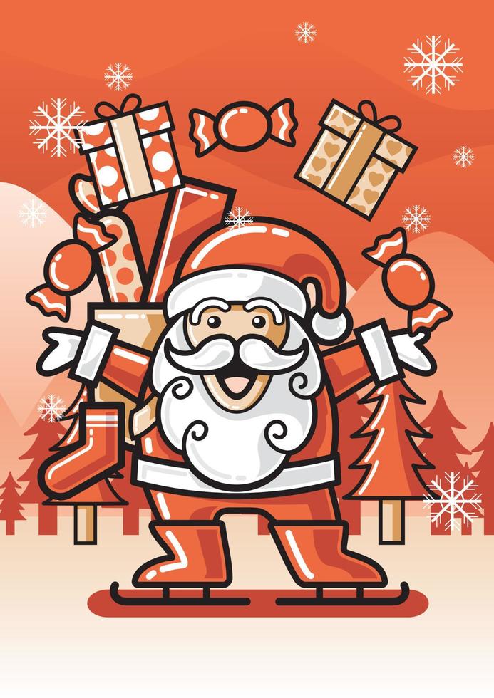 Merry Christmas Santa Claus with gift box and candy vector illustration isolated winter landscape