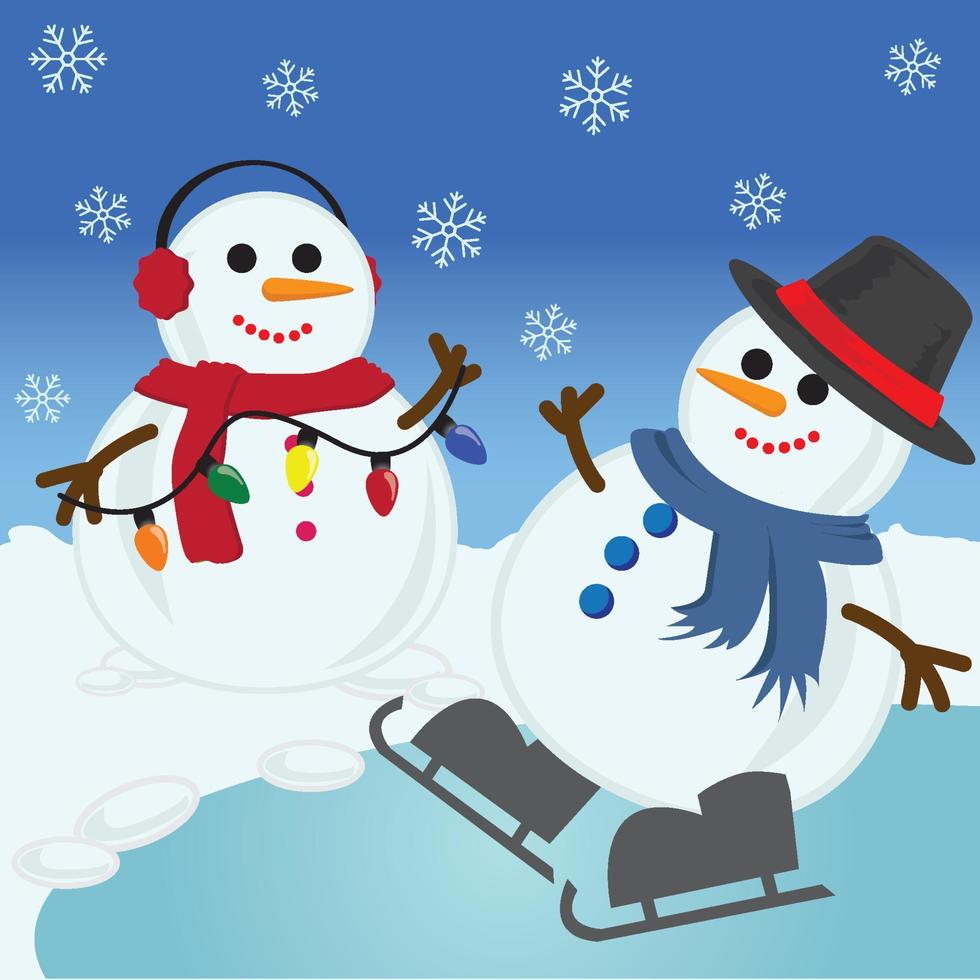 tarjeta de feliz navidad con muñecos de nieve en invierno vector
