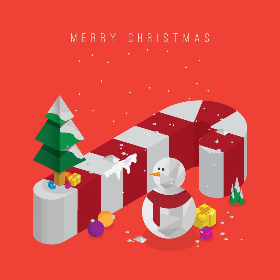 árbol de navidad con cajas de regalo y adornos. Bastón de caramelo 3D y muñeco de nieve, vector isométrico